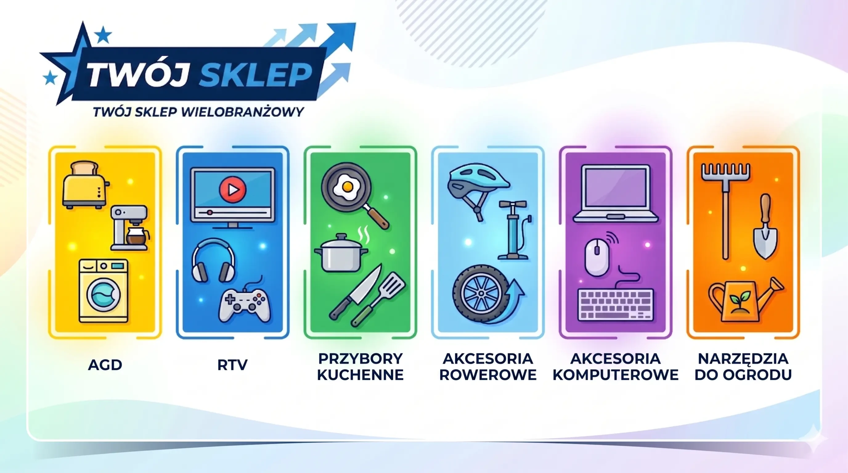Baner Twój Sklep - twój sklep wielobranżowy. Przedstawia sześć kategorii w postaci ikon: AGD (toster, ekspres, pralka), RTV (telewizor, słuchawki, pad), Przybory kuchenne (patelnia, garnek, nóż), Akcesoria rowerowe (kask, pompka, koło), Akcesoria komputerowe (laptop, myszka, klawiatura) i Narzędzia do ogrodu (grabie, łopatka, konewka).